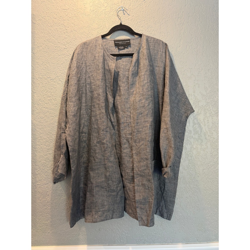 Adrienne Vittadini Collection Blue Gray 100% Linen Open Front Cardigan Jacket L